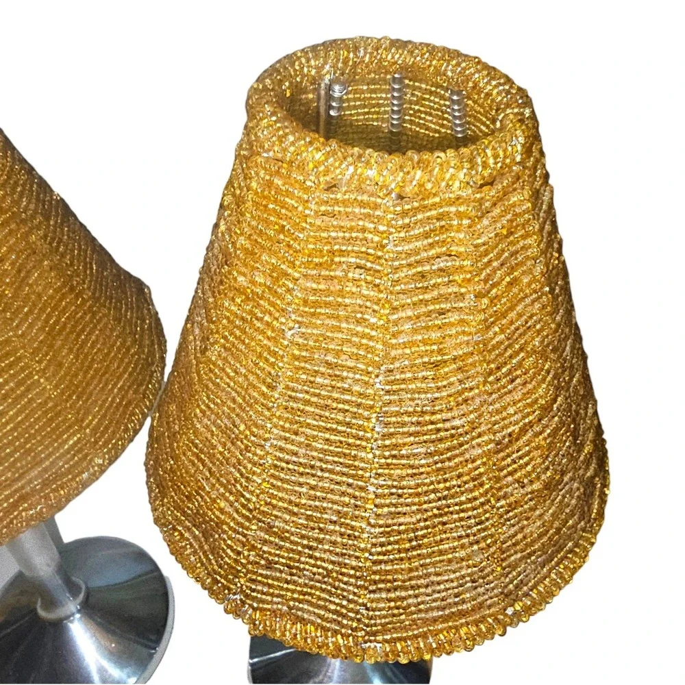 Silver Pedestal Tea Light Candle Holders with Amber Gold Beaded Shades Set of 2